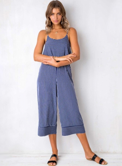 Blue Striped Spaghetti Strap Round Neck Backless Wide Leg Jumpsuit LEXELFASHIONINTSHOPS.com