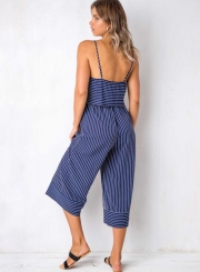 Blue Striped Spaghetti Strap Round Neck Backless Wide Leg Jumpsuit