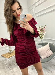 Burgundy Sexy Off Shoulder Long Sleeve Lace-Up Solid Color Ruffle Mini Dress