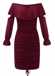 Burgundy Sexy Off Shoulder Long Sleeve Lace-Up Solid Color Ruffle Mini Dress