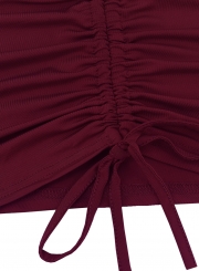 Burgundy Sexy Off Shoulder Long Sleeve Lace-Up Solid Color Ruffle Mini Dress