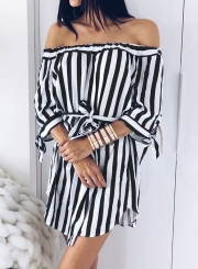 Black Summer Striped Off Shoulder Half Sleeve Mini Dress