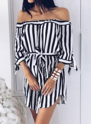 Black Summer Striped Off Shoulder Half Sleeve Mini Dress