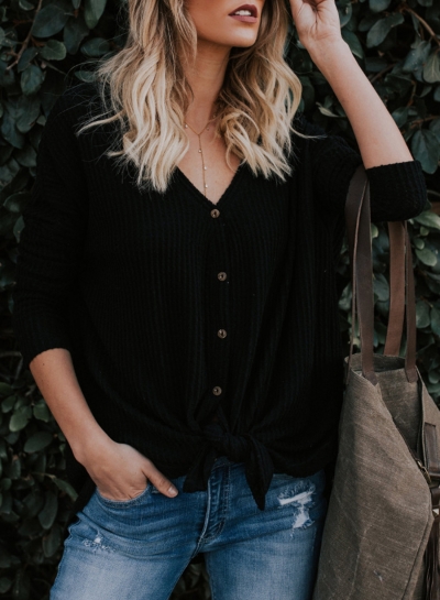 Casual Button Down Front Knot Knit Sweaters Shirt