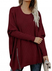 Round Neck Long Sleeve Loose Side Zip Hollow Out Solid Color Sweater