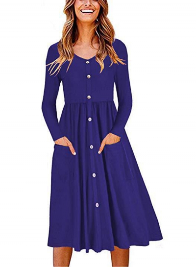 Long Sleeve Casual Button Down Loose Swing Dress With Pockets