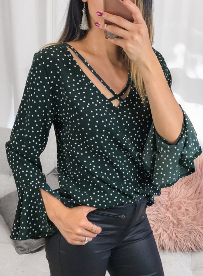 Chiffon Polka Dot Flare Sleeve Crisscross Strap V Neck Blouse