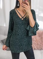 Chiffon Polka Dot Flare Sleeve Crisscross Strap V Neck Blouse