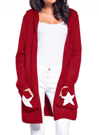 Casual Long Sleeve Star Pattern Open Front Hooded Chunky Cardigan