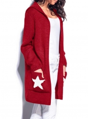 Casual Long Sleeve Star Pattern Open Front Hooded Chunky Cardigan