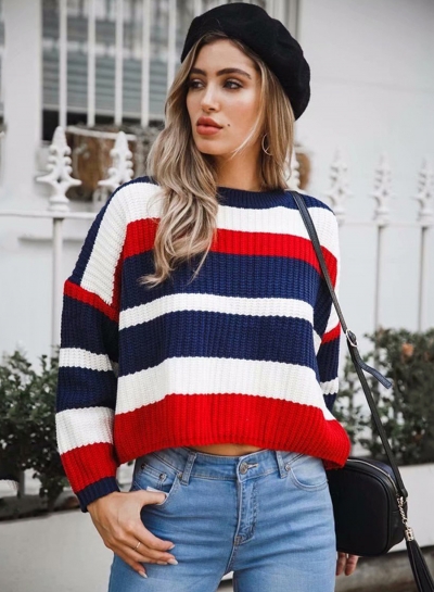 Red Casual Striped Long Sleeve Round Neck Loose Sweater STYLESIMO.com