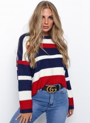 Red Casual Striped Long Sleeve Round Neck Loose Sweater