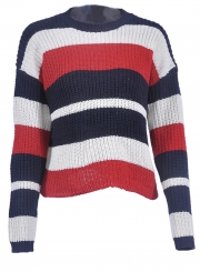 Red Casual Striped Long Sleeve Round Neck Loose Sweater