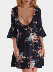 Navy Fashion Sexy Floral Printed Flare Sleeve V Neck High Waist Midi Dress