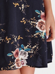 Navy Fashion Sexy Floral Printed Flare Sleeve V Neck High Waist Midi Dress