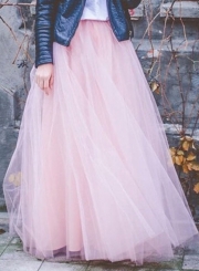 Pink Tiered Layered Mesh Tulle Maxi Skirt