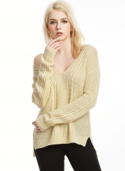 Womne's V Neck Long Sleeve Loose Solid Color Pullover Sweater