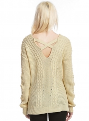Womne's V Neck Long Sleeve Loose Solid Color Pullover Sweater