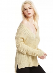 Womne's V Neck Long Sleeve Loose Solid Color Pullover Sweater