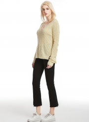 Womne's V Neck Long Sleeve Loose Solid Color Pullover Sweater