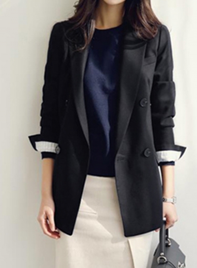 Black Casual Long Sleeve Turn-Down Collar Slim Solid Pockets Suit Blazer