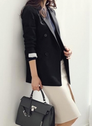 Black Casual Long Sleeve Turn-Down Collar Slim Solid Pockets Suit Blazer