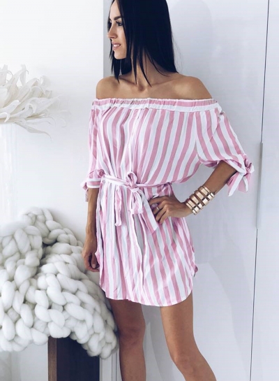 Pink Summer Striped Off Shoulder Half Sleeve Mini Dress YOUYOUFASHIONEC.com