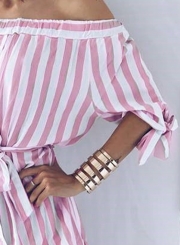 Pink Summer Striped Off Shoulder Half Sleeve Mini Dress