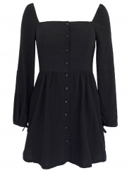 Black Casual Long Sleeve Square Neck Cuff Lace-Up Button Down Mini Dress