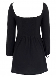 Black Casual Long Sleeve Square Neck Cuff Lace-Up Button Down Mini Dress