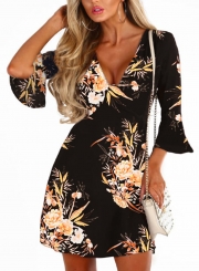 Black Fashion Sexy Floral Printed Flare Sleeve V Neck High Waist Midi Dress