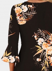 Black Fashion Sexy Floral Printed Flare Sleeve V Neck High Waist Midi Dress