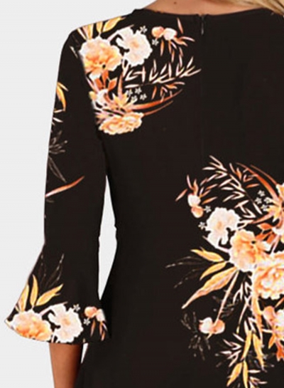 Black Fashion Sexy Floral Printed Flare Sleeve V Neck High Waist Midi Dress stylesimo.com