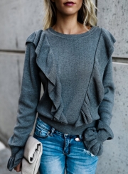 Casual Long Sleeve Paneled Ruffle Sweater