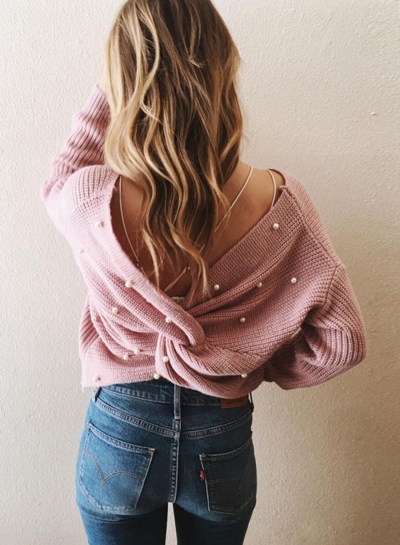 Criss Cross Pullover Oversized Jumper Pearl Casual Sweater YOUYOUFASHIONEC.com