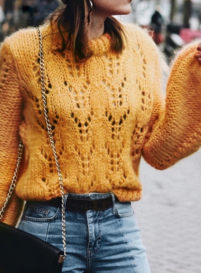 Yellow Hollow Out Lantern Sleeve Pullover Sweater STYLESIMO.com