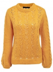 Yellow Hollow Out Lantern Sleeve Pullover Sweater