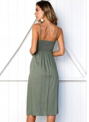 Army Green Buttons Sleeveless Off The Shoulder Split V-neck Dress