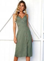 Army Green Buttons Sleeveless Off The Shoulder Split V-neck Dress