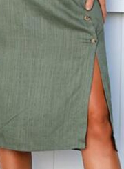 Army Green Buttons Sleeveless Off The Shoulder Split V-neck Dress