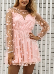 Pink Sexy Chiffon Embroidered Round Neck Long Sleeve Mesh Mini Dress