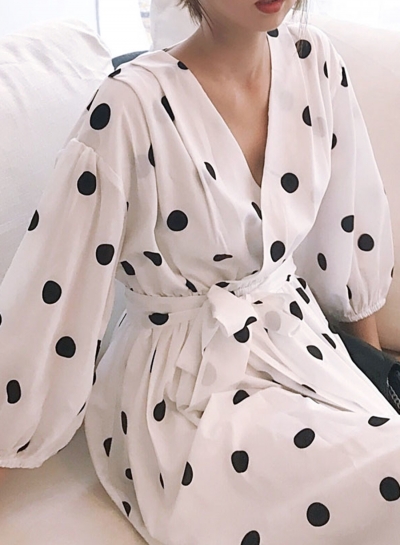 Retro French Girl V-neck Polka Dots Chic Long Dress YOUYOUFASHIONEC.com