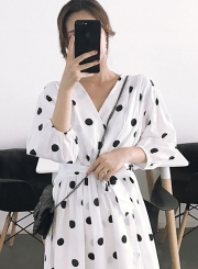 Retro French Girl V-neck Polka Dots Chic Long Dress