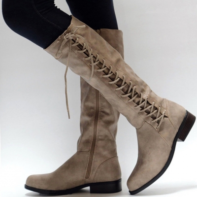 Leatherette Lace-Up Straight Boots LEXELFASHIONINTSHOPS.com