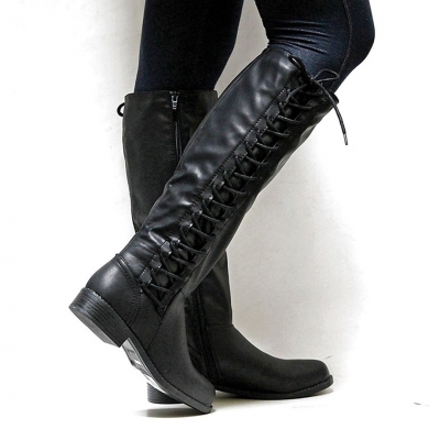 Leatherette Lace-Up Straight Boots LEXELFASHIONINTSHOPS.com