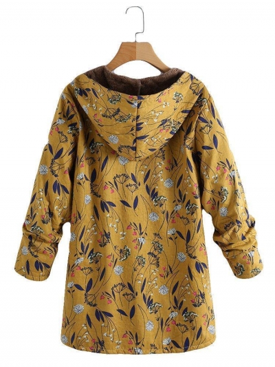 floral print hooded long sleeve pockets vintage coat