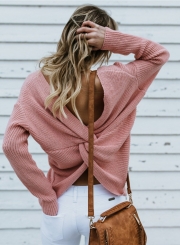 Cross Back V-neck Backless Long Sleeve Oversized Casual Pullover Sweater