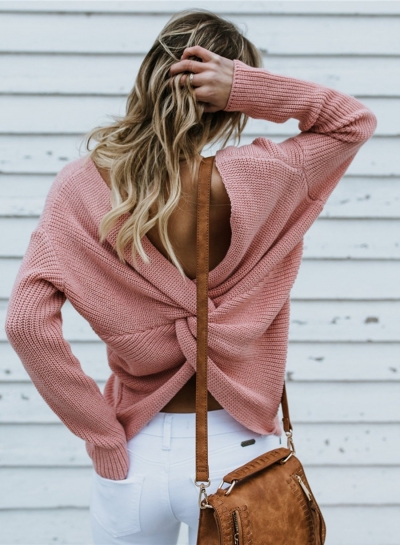 Cross Back V-neck Backless Long Sleeve Oversized Casual Pullover Sweater stylesimo.com