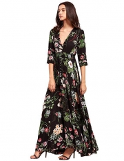 Button up Split Floral Print Flowy Party Maxi Dress