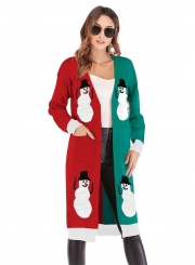 Christmas Snowman Deer Printed Leopard Pocket Cardigan Sweater